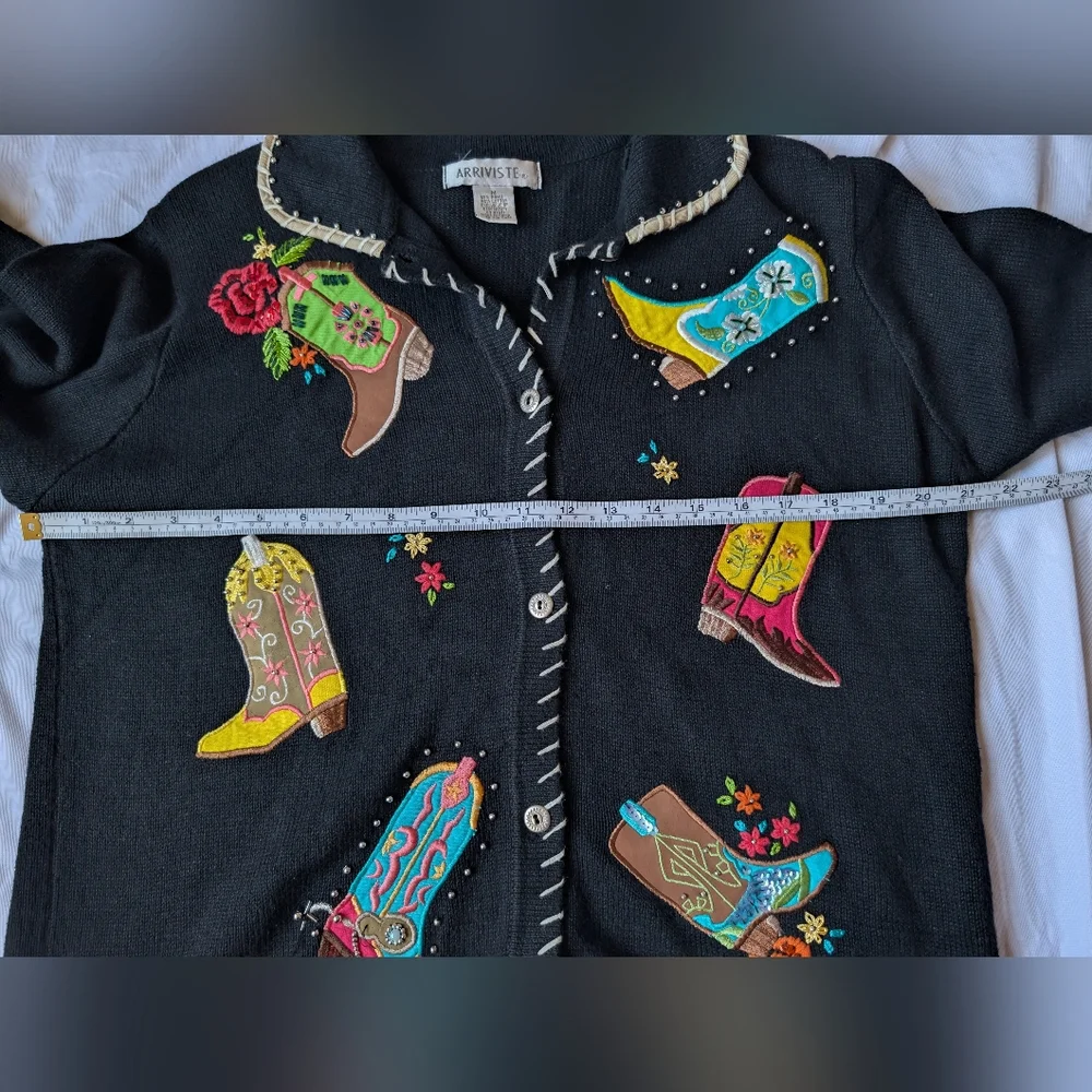 Western Cowboy Boots Sweater Size M Arriviste Vintage Teacher Novelty Whimsy - Picture 2 of 15